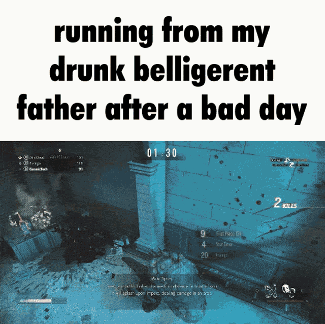 a screenshot of a video game with the words running from my drunk belligerent father after a bad day