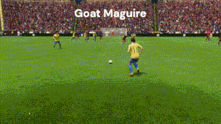 a soccer game is being played on a field with the words goat maguire on the bottom .