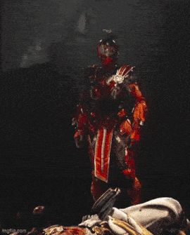 a knight in red armor is standing next to a sword