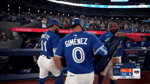 a blue jays player named gimenez is being helped off the field