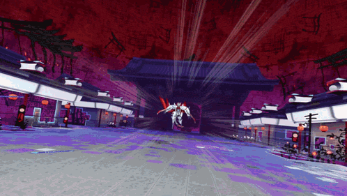 a video game scene with a purple and red background and buildings
