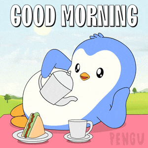 a penguin is pouring tea into a cup next to a sandwich and a cup of coffee