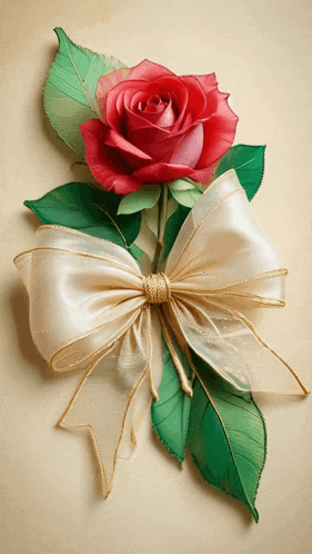 a red rose with green leaves is tied with a gold bow