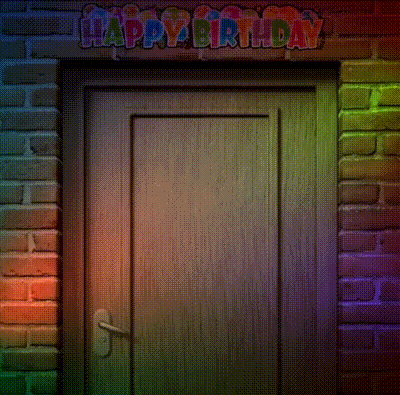 a woman stands in front of a door with a happy birthday banner above it