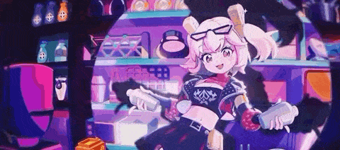 a cartoon girl is holding a gun in a store .