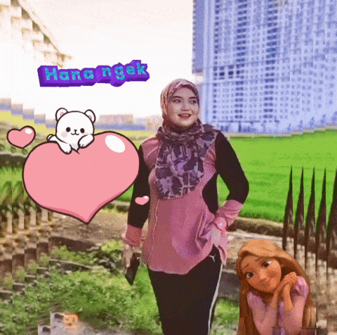 a woman in a hijab stands next to a rapunzel cartoon character and a pink heart with hana ngek written on it