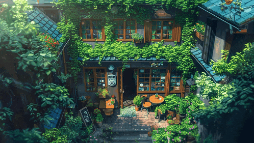 an aerial view of a building with a sign that says ' afternoon tea ' on it