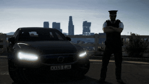 a police officer is standing in front of a volvo car with a license plate that says kx69 eja