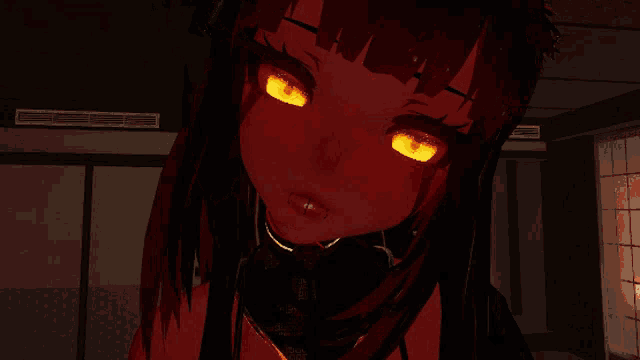 a close up of a red anime girl with piercings in her mouth