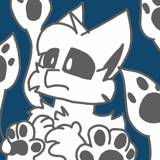 a drawing of a white cat with black paws