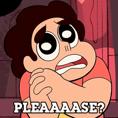 a cartoon character is asking " pleaaaase " with his mouth open