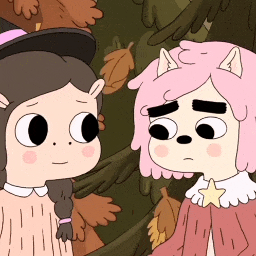 two cartoon characters looking at each other with one wearing a star