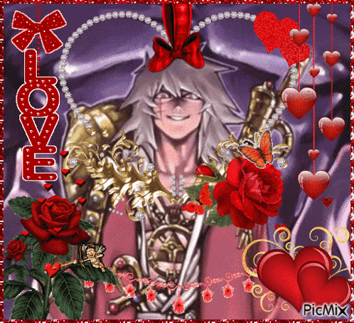 a picture of a man surrounded by red roses and hearts with the word love written on it