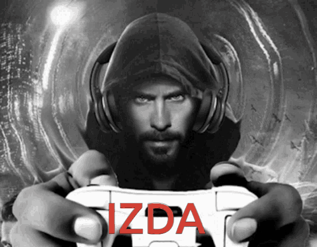 a man wearing headphones is holding a video game controller with the word izda in red letters