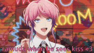 a girl with pink hair and blue eyes is holding a lollipop in front of a neon sign that says room