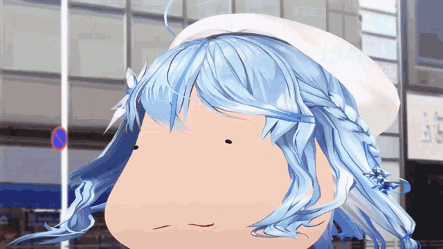 a cartoon character with blue hair and a white hat is making a funny face