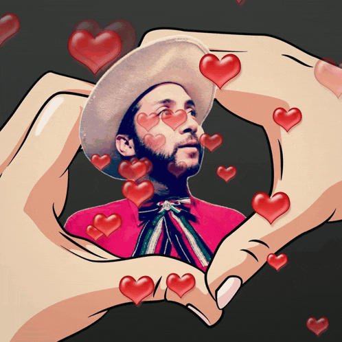 a man in a cowboy hat surrounded by hearts