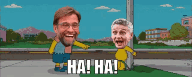 a cartoon of a man pointing at another man with the words " ha ha " on the bottom