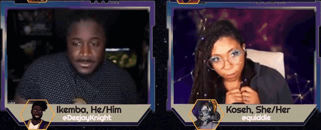 a man and a woman are sitting in front of a screen that says ikemba he / him