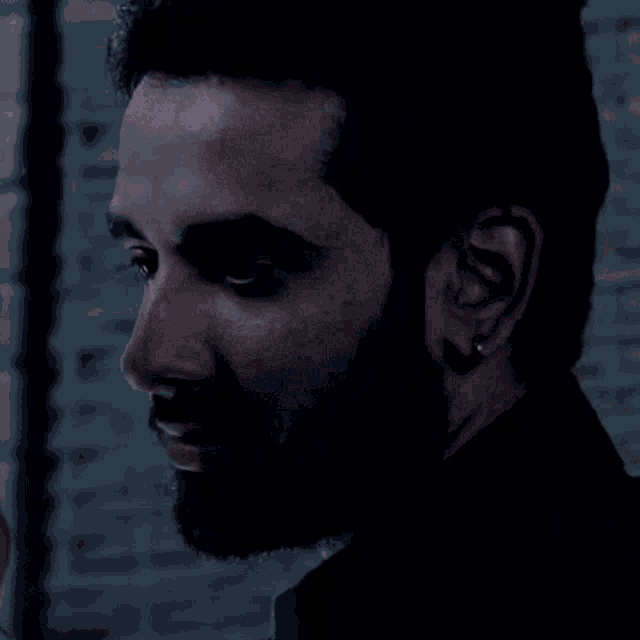 a close up of a man 's face with a beard and earrings