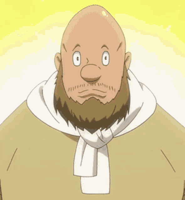a bald man with a beard is wearing a white scarf around his neck .
