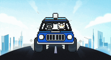a pixel art illustration of a police car driving down a street