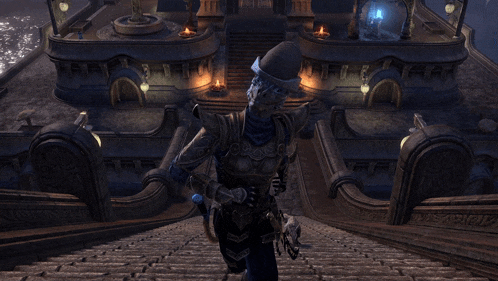 a video game character is standing on a set of stairs in front of a building