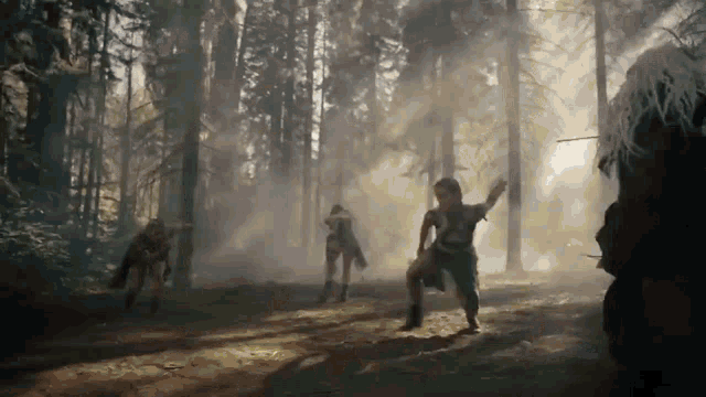 a group of people are dancing in a forest with trees in the background