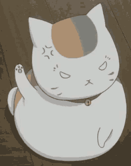 a white cat with a bell around its neck is sitting on a wooden floor and making a funny face .