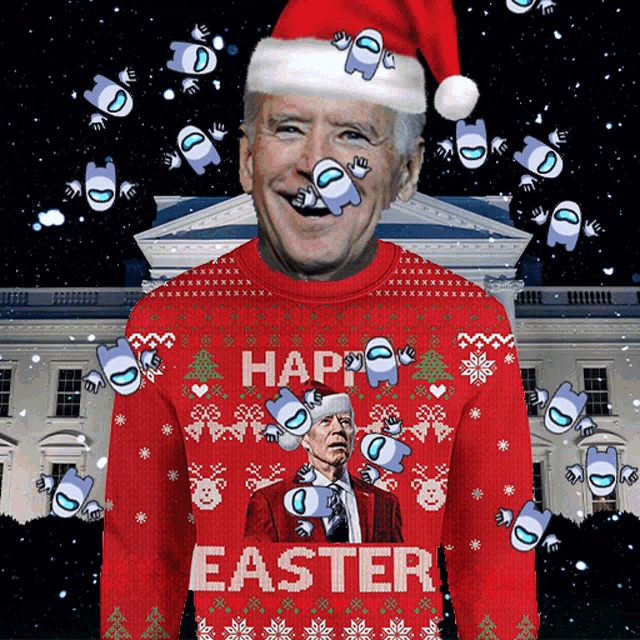 a man in a santa hat is wearing a sweater that says happy easter