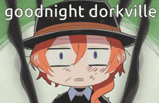 a cartoon character wearing a hat with the words goodnight dorkville written on it