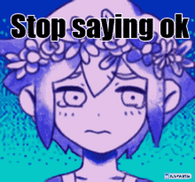 a cartoon of a girl with a flower crown on her head says " stop saying ok "