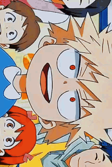 a group of anime characters are looking up at the camera and one of them is making a funny face