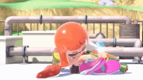 a cartoon character is laying on the ground with a pink shoe on her head .