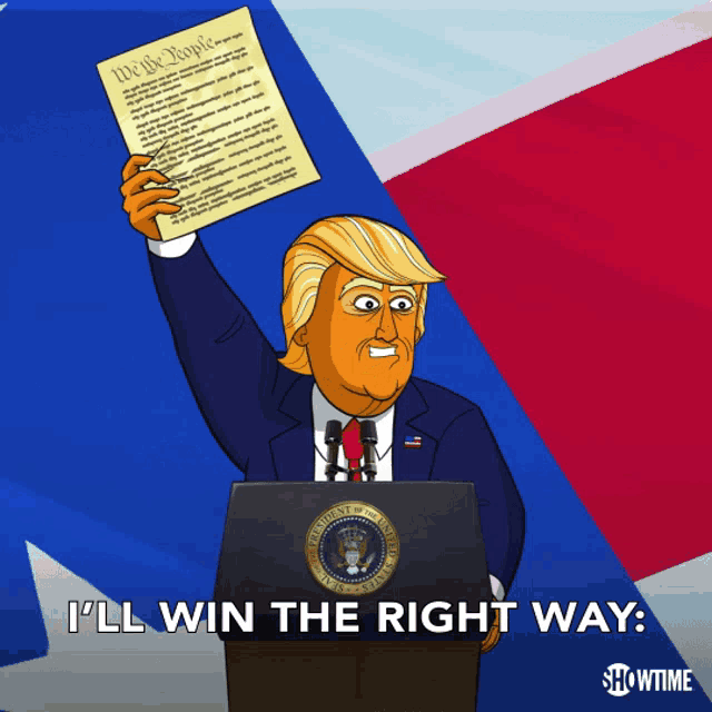 a cartoon of donald trump holding up a piece of paper with the words " i 'll win the right way " below him