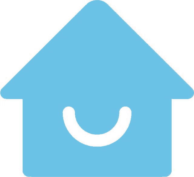 a blue house with a white smile on it .