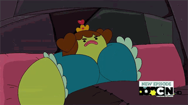 a cartoon character is laying on a bed with a new episode of cn on the bottom