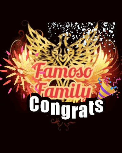 a famous family congratulations sign with a fireworks display