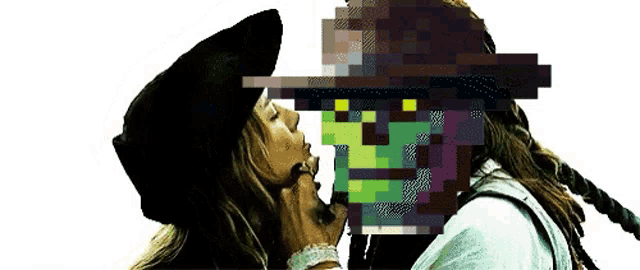 a pixel art of a woman kissing a man with a green face