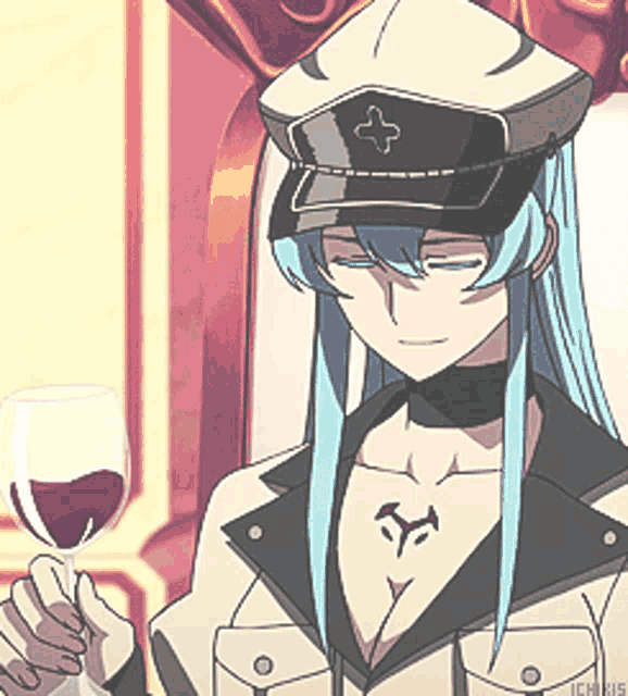 a girl with long blue hair is holding a glass of red wine