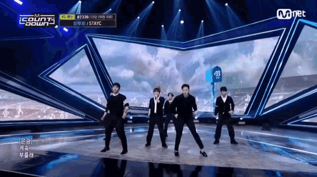 a group of men are dancing on a stage in front of a mnet banner .