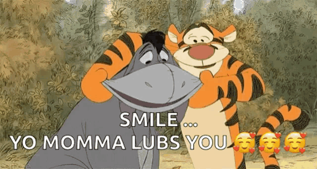 eeyore and tigger from winnie the pooh are standing next to each other and smiling