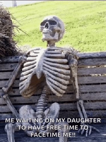 a skeleton is sitting on a wooden bench waiting for his daughter to have free time to facetime me
