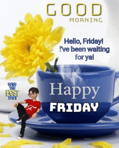 a good morning message with a blue cup of coffee