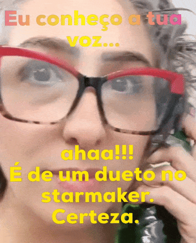 a woman wearing glasses is talking on a cell phone with the words eu conheço a tua voz