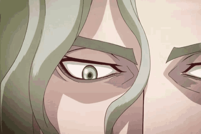 a close up of a cartoon character 's eyes with green eyes