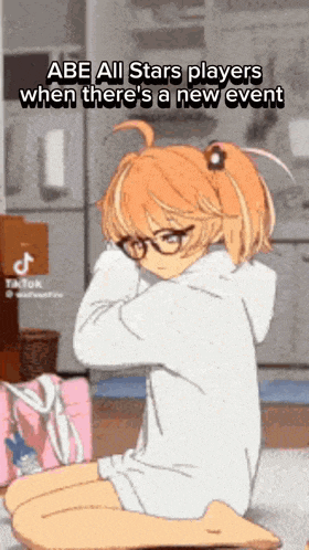a girl with glasses is kneeling down with a caption that says abe all stars players when there is a new event