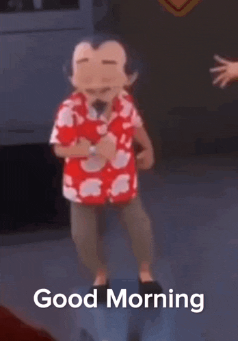 a cartoon character is dancing in a room with the words `` good morning '' written below him .