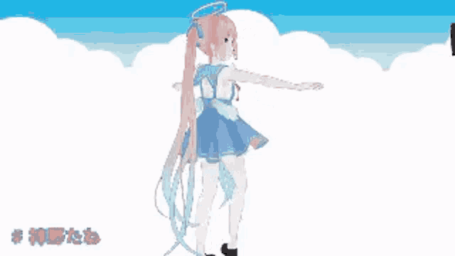 a 3d rendering of a girl in a blue dress with long hair standing in front of a blue sky with clouds .