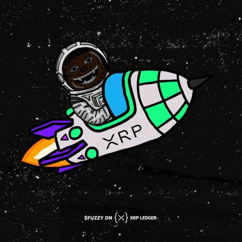 a cartoon of a man riding a rocket that says xrp on it